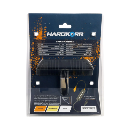 Hardkorr XDW angled tri colour LED work light rear packaging with specifications above the finned housing and cable.