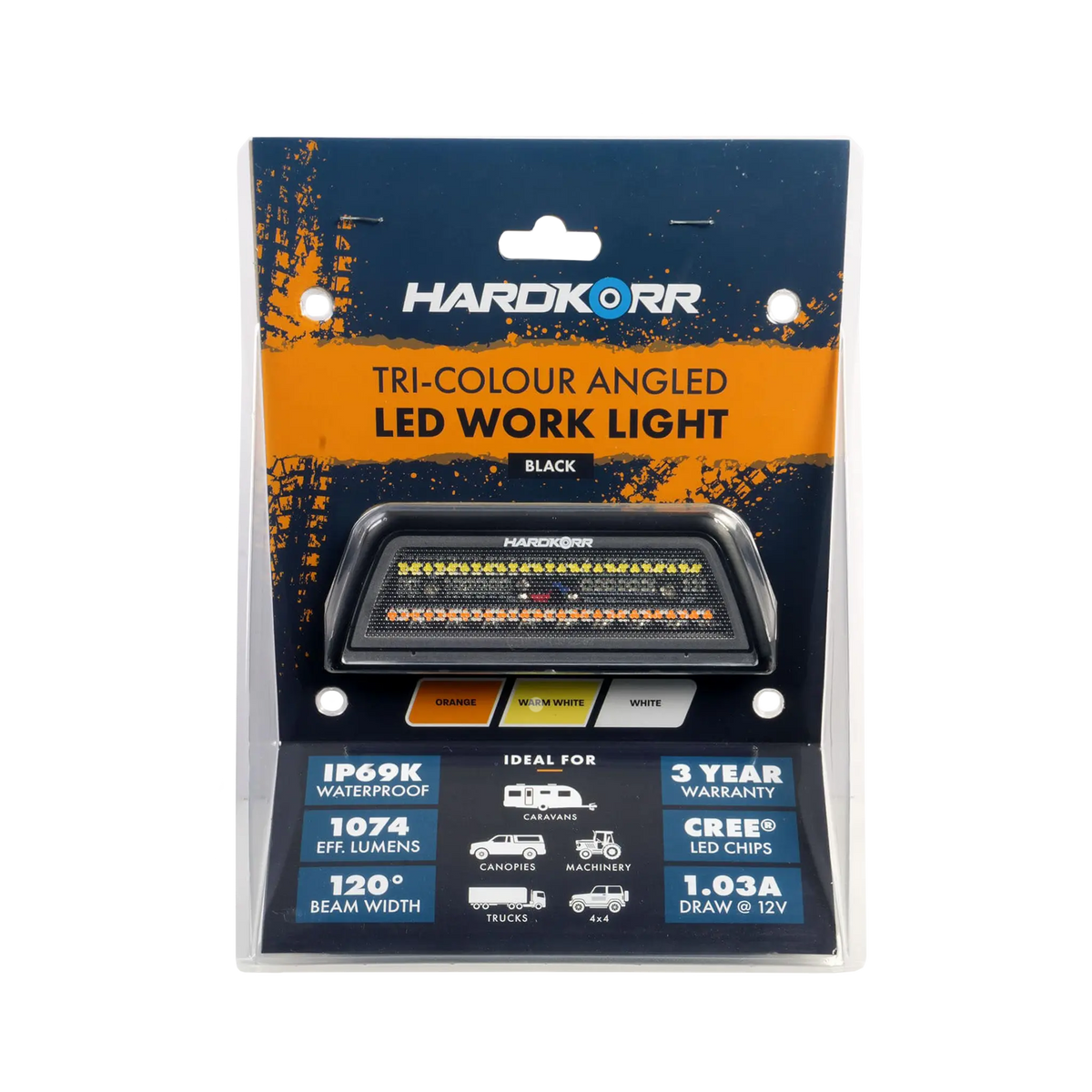 Hardkorr XDW angled tri colour LED work light in retail packaging with the lamp visible below its product label.