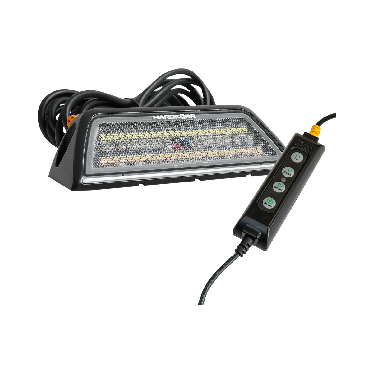 Hardkorr XDW 45 degree angled tri colour LED work light with a coiled cable and four button controller.