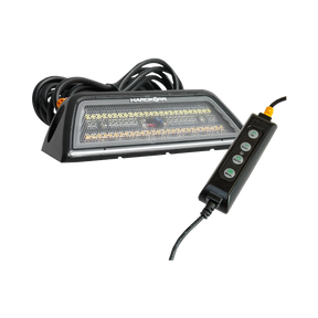 Hardkorr XDW 45 degree angled tri colour LED work light with a coiled cable and four button controller.