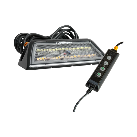 Hardkorr XDW 45 degree angled tri colour LED work light with a coiled cable and four button controller.