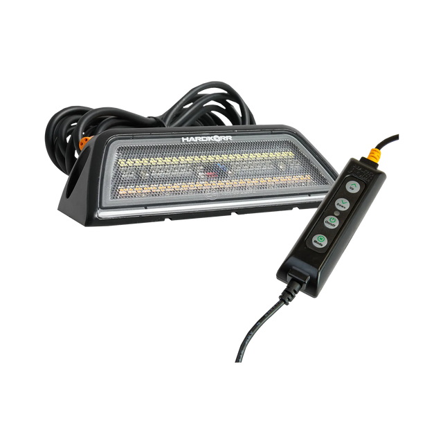 Hardkorr XDW 45 degree angled tri colour LED work light with a coiled cable and four button controller.