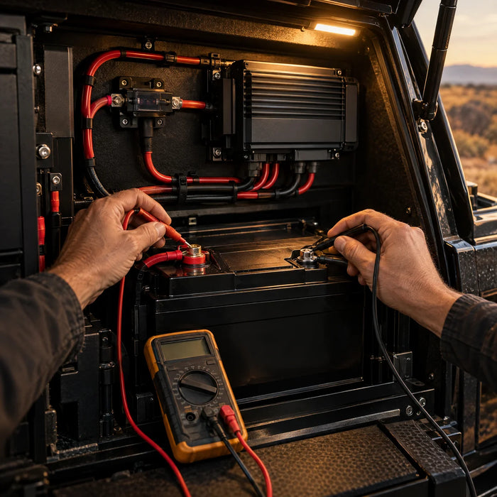 Hands wiring a lithium battery and DC-DC charger in a ute canopy, tested with a multimeter