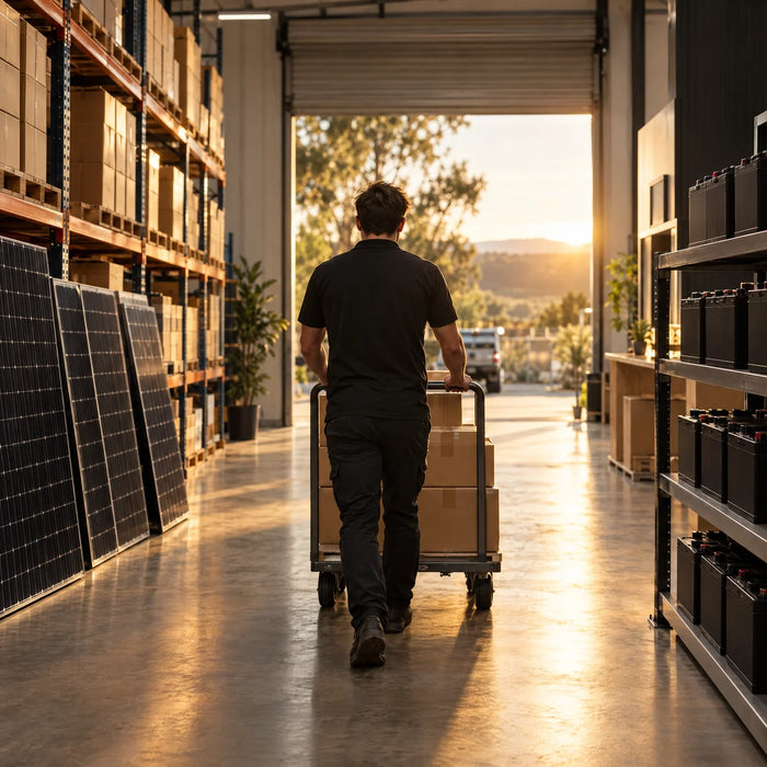 Staff member wheeling parcels past solar panels and batteries in a warehouse