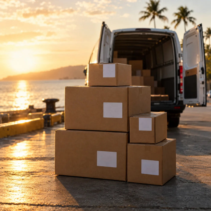 Stacked parcels on a loading dock beside an open delivery van at sunset