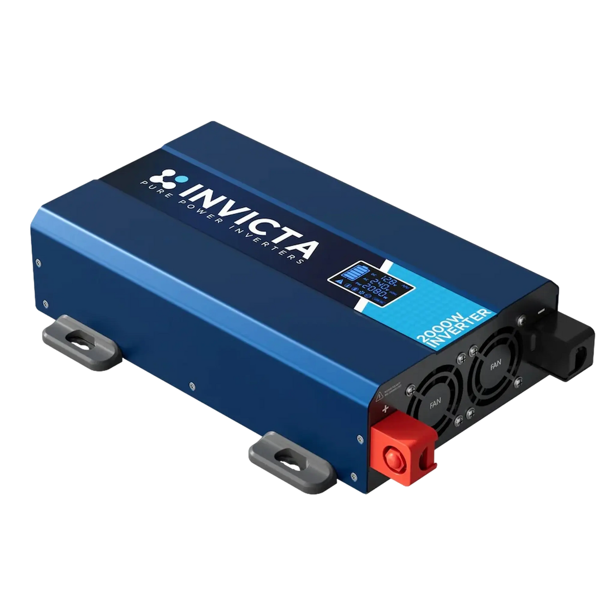 Invicta 2000W 12V Pure Sine Wave Inverter side view with red and black terminal.
