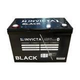 Invicta Black 100Ah 12V Bluetooth lithium battery upper front view with terminal posts and lid branding.