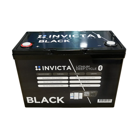 Invicta Black 100Ah 12V Bluetooth lithium battery upper front view with terminal posts and lid branding.