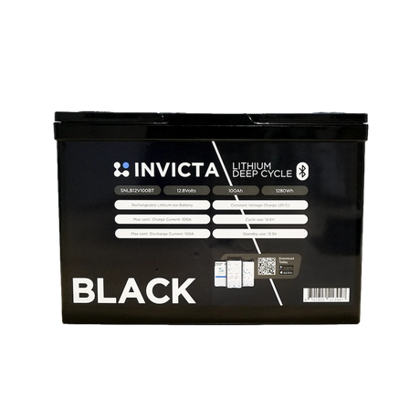 Invicta Black 100Ah 12V Bluetooth lithium battery straight front view with specification label.