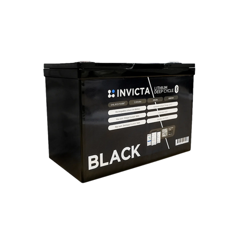 Invicta Black 100Ah 12V Bluetooth lithium battery front-left view with black case and specification label.