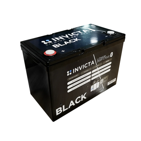 Invicta Black 100Ah 12V Bluetooth lithium battery upper front-left view with both terminal posts.