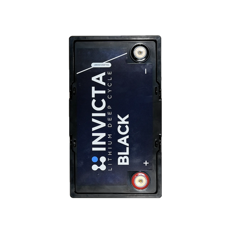 Invicta Black 100Ah 12V Bluetooth lithium battery top view with positive and negative terminals.