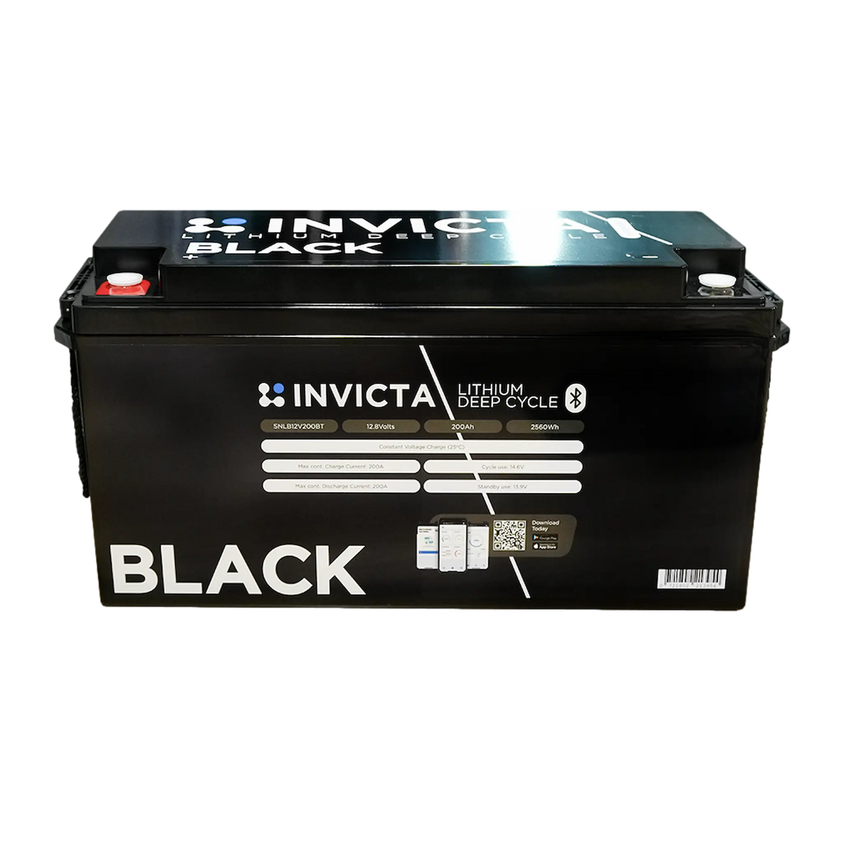 Invicta Black 200Ah 12V Bluetooth lithium battery upper front view with positive and negative terminals.