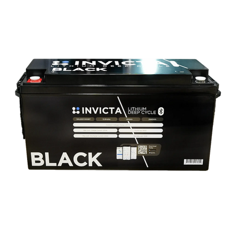 Invicta Black 200Ah 12V Bluetooth lithium battery upper front view with positive and negative terminals.