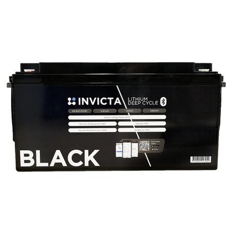 Invicta Black 200Ah 12V Bluetooth lithium battery straight front view with specification label.