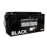 Invicta Black 200Ah 12V Bluetooth lithium battery front-left view with carrying straps and front label.