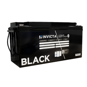 Invicta Black 200Ah 12V Bluetooth lithium battery front-left view with carrying straps and front label.