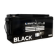 Invicta Black 200Ah 12V Bluetooth lithium battery front-left view with carrying straps and front label.