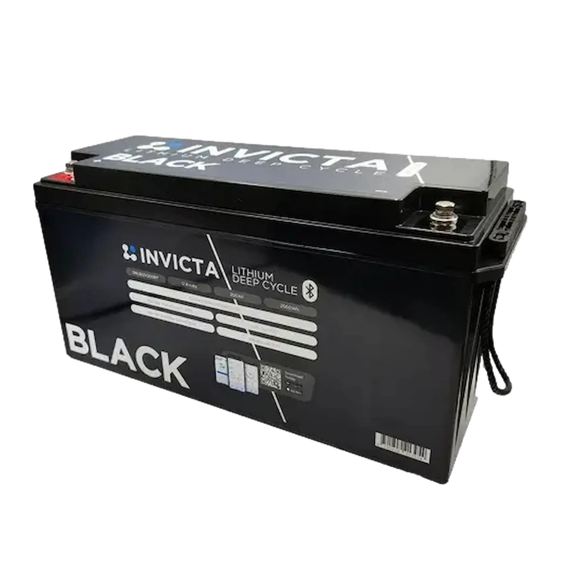Invicta Black 300Ah lithium battery front right view with top terminals and specifications sticker.