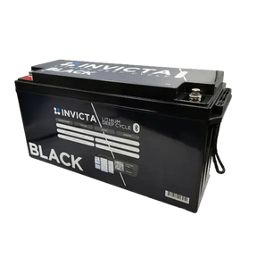 Invicta Black 300Ah lithium battery front right view with top terminals and specifications sticker.