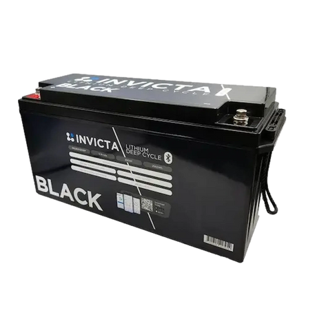 Invicta Black 300Ah lithium battery front right view with top terminals and specifications sticker.