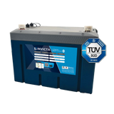 Invicta Xero 100Ah 12V lithium battery with Bluetooth in a front right view with top terminals and TUV SUD tag visible.