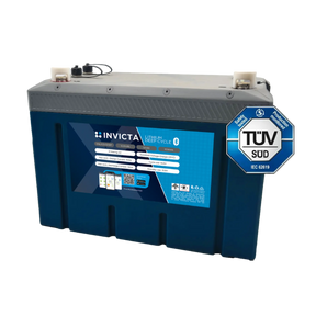 Invicta Xero 100Ah 12V lithium battery with Bluetooth in a front right view with top terminals and TUV SUD tag visible.