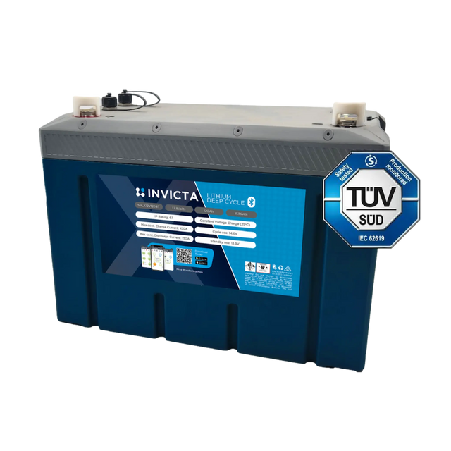 Invicta Xero 100Ah 12V lithium battery with Bluetooth in a front right view with top terminals and TUV SUD tag visible.