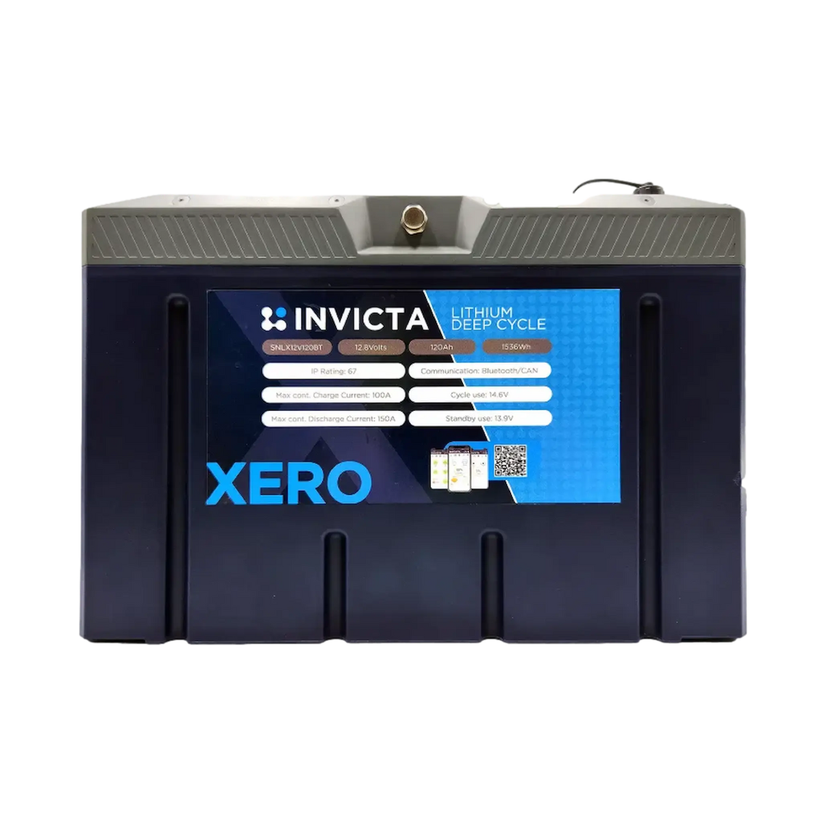 Invicta Xero 100Ah 12V lithium battery with Bluetooth in a straight front view with the product label visible.