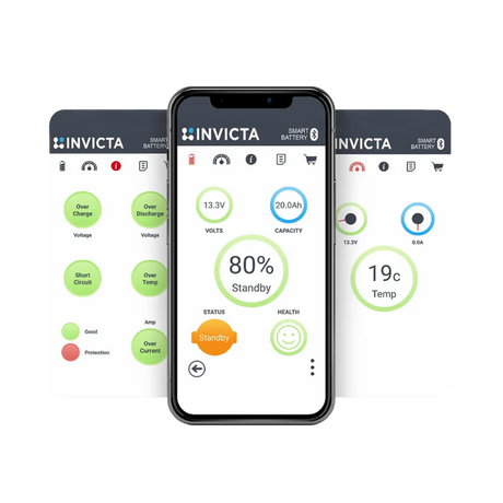 Invicta Xero 200Ah battery app screens showing charge status, voltage, current, capacity and temperature.