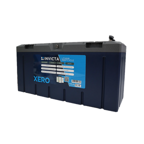 Invicta Xero 200Ah 12V lithium battery with Bluetooth in a front left view with top terminals visible.