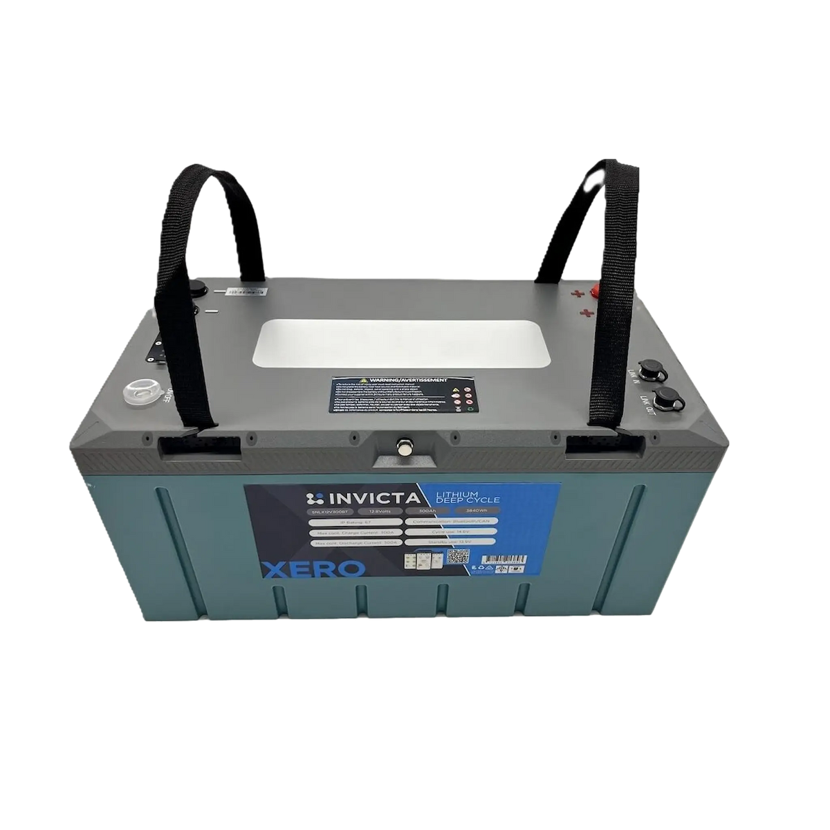 Invicta Xero 300Ah 12V lithium battery with Bluetooth in a front view with both carry handles raised.