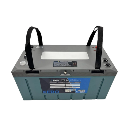 Invicta Xero 300Ah 12V lithium battery with Bluetooth in a front view with both carry handles raised.