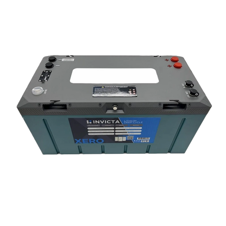 Invicta Xero 300Ah 12V lithium battery with Bluetooth in a straight front view with the recessed top panel visible.