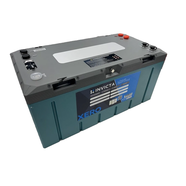 Invicta Xero 300Ah 12V lithium battery with Bluetooth in a front left view with top terminals visible.