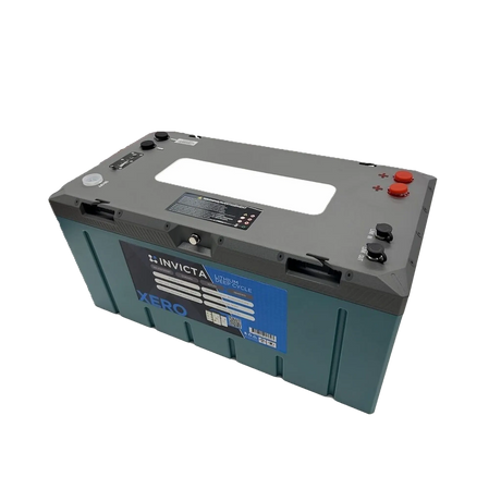 Invicta Xero 300Ah 12V lithium battery with Bluetooth in a front right view with positive and negative terminals visible.