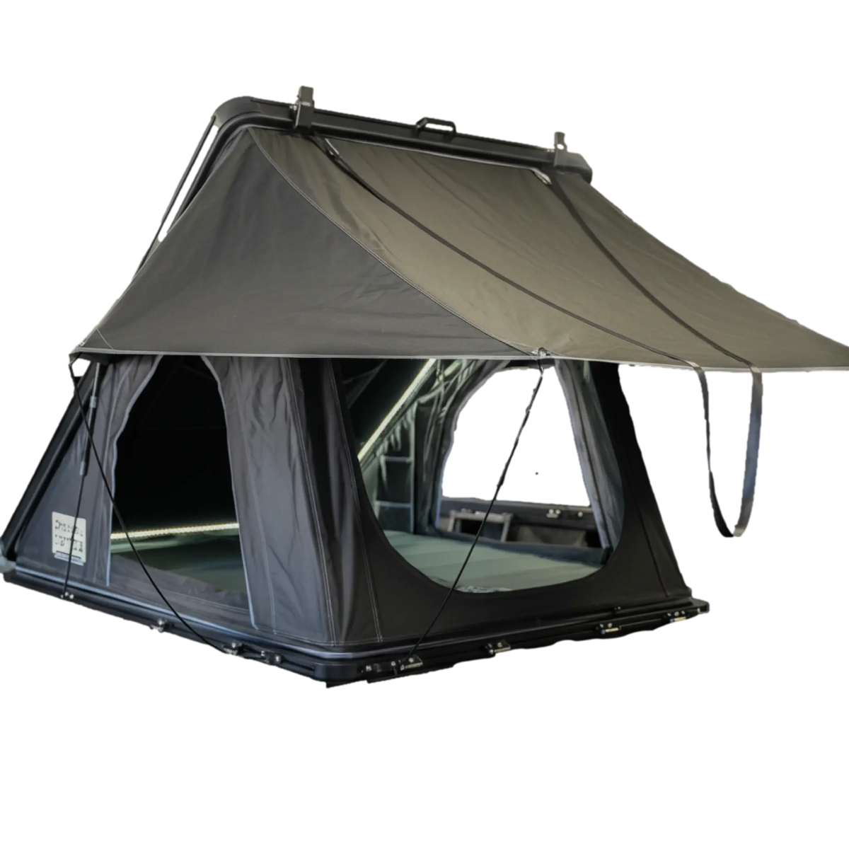 Outback Tourer 1.2 Carbon Fibre Rooftop Tent front left studio view with side window open and rainfly open.