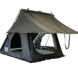Outback Tourer 1.2 Carbon Fibre Rooftop Tent front left studio view with side window open and rainfly open.
