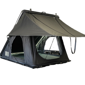 Outback Tourer 1.2 Carbon Fibre Rooftop Tent front left studio view with side window open and rainfly open.