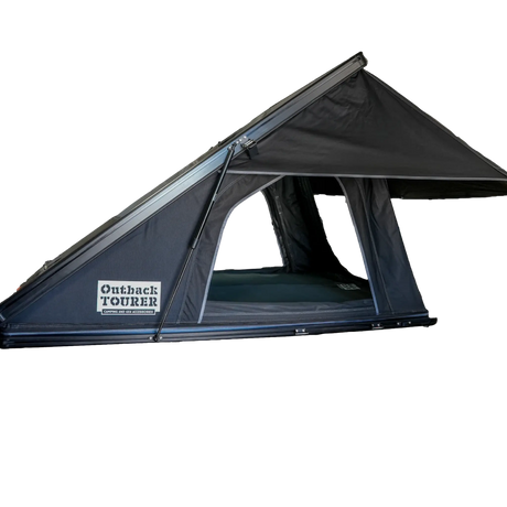 Outback Tourer 1.2 Carbon Fibre Rooftop Tent side studio view with window open and logo.