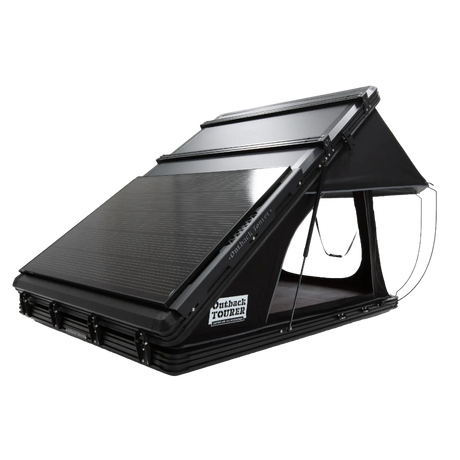 Outback Tourer 1.2 Plus Rooftop Tent back-right studio view with solar panel on the shell.