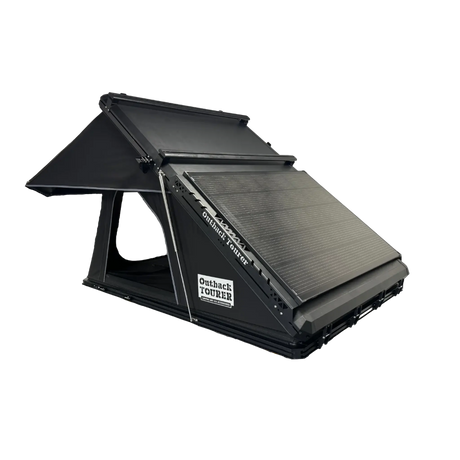 Outback Tourer 1.2 Rooftop Tent front left studio view with a Roam Gear solar panel on the shell.