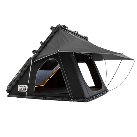Outback Tourer 1.2 Rooftop Tent rear left studio view with open side window and rainfly.