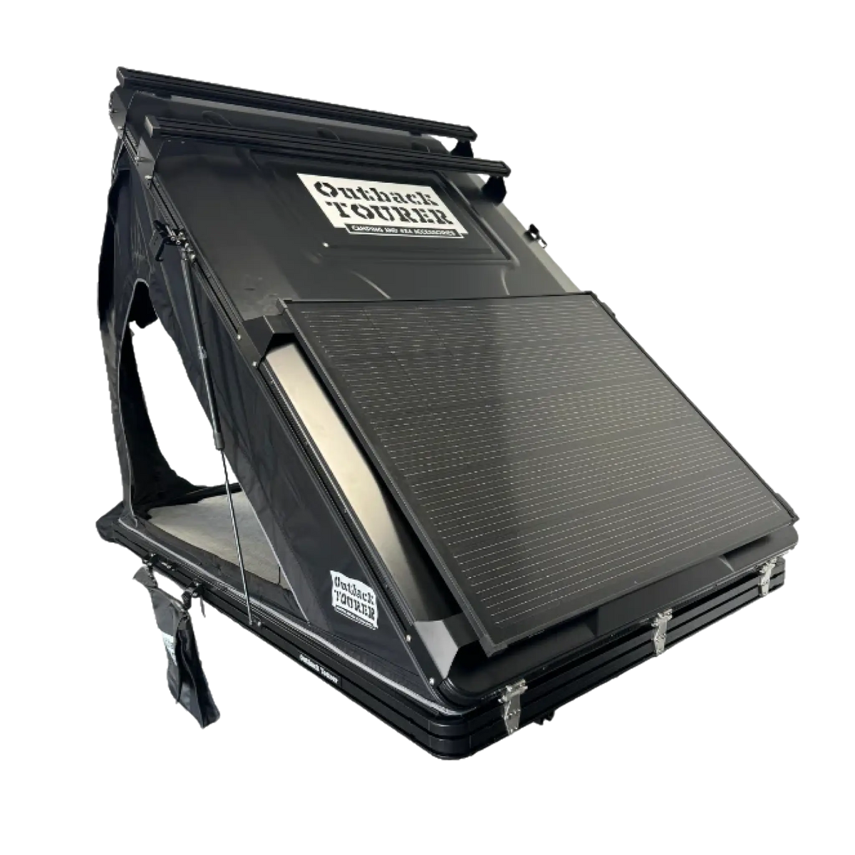 Outback Tourer 1.3 ST Rooftop Tent with a Roam Gear solar panel mounted on the angled shell.