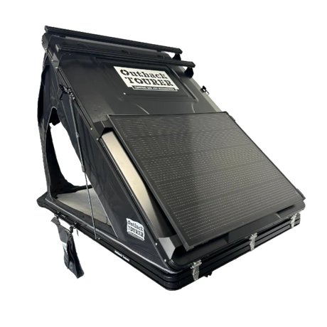 Outback Tourer 1.3 ST Rooftop Tent with a Roam Gear solar panel mounted on the angled shell.
