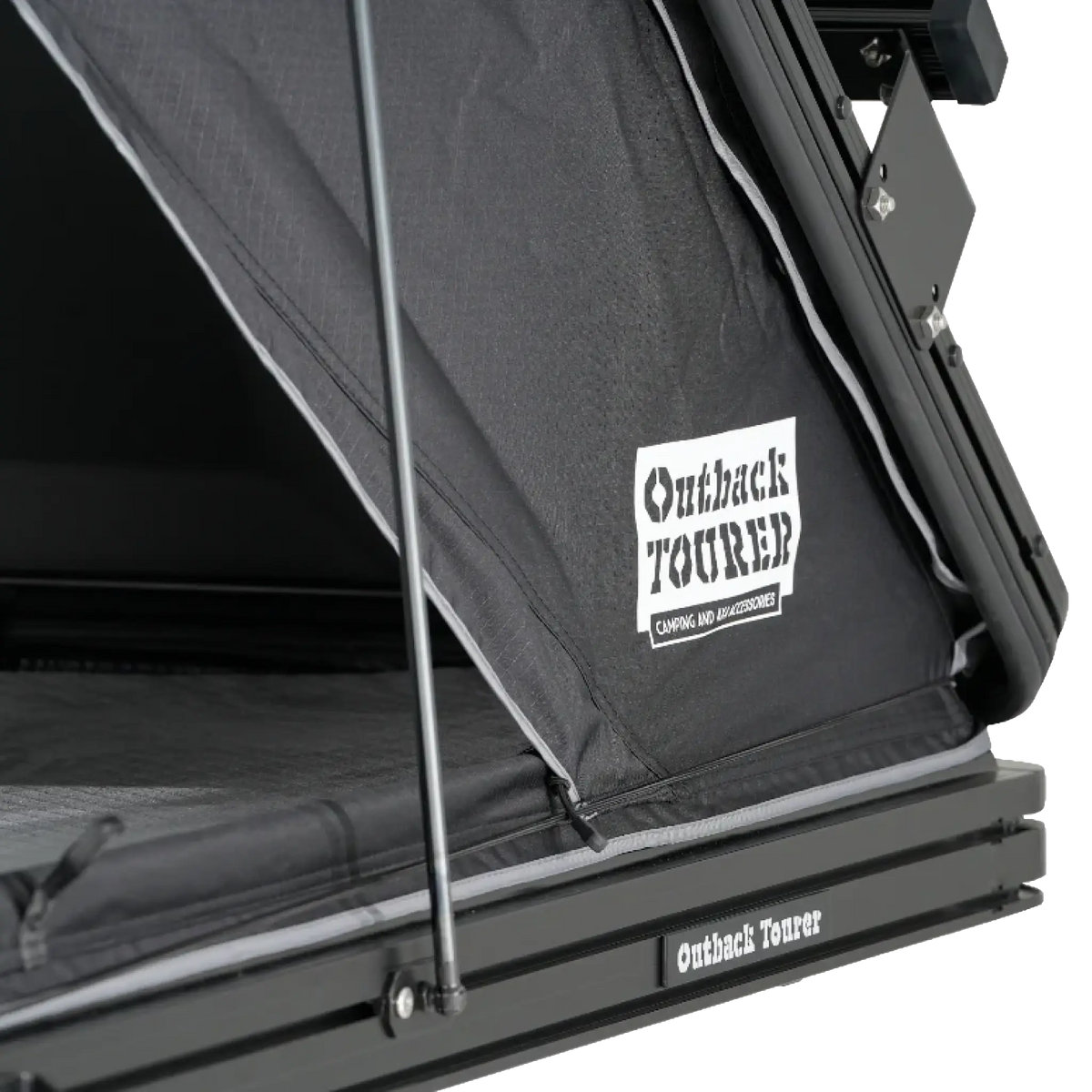 Outback Tourer 1.3 ST Rooftop Tent gas strut and roof rack side mount close up view.