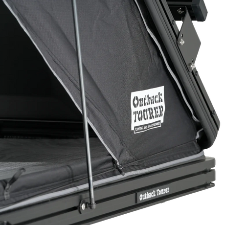 Outback Tourer 1.3 ST Rooftop Tent gas strut and roof rack side mount close up view.