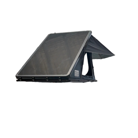 Outback Tourer 1.4 rooftop tent back right view with hard shell lid raised and side window open.