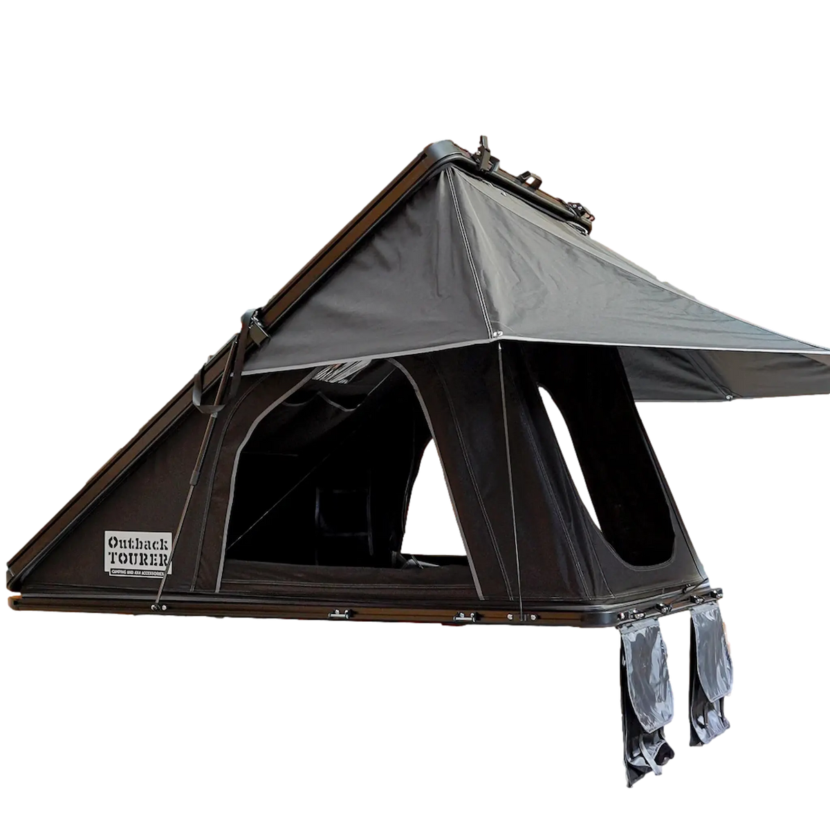 Outback Tourer 1.4 rooftop tent front left view with awning and two shoe holders.