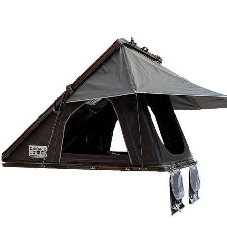 Outback Tourer 1.4 rooftop tent front left view with awning and two shoe holders.